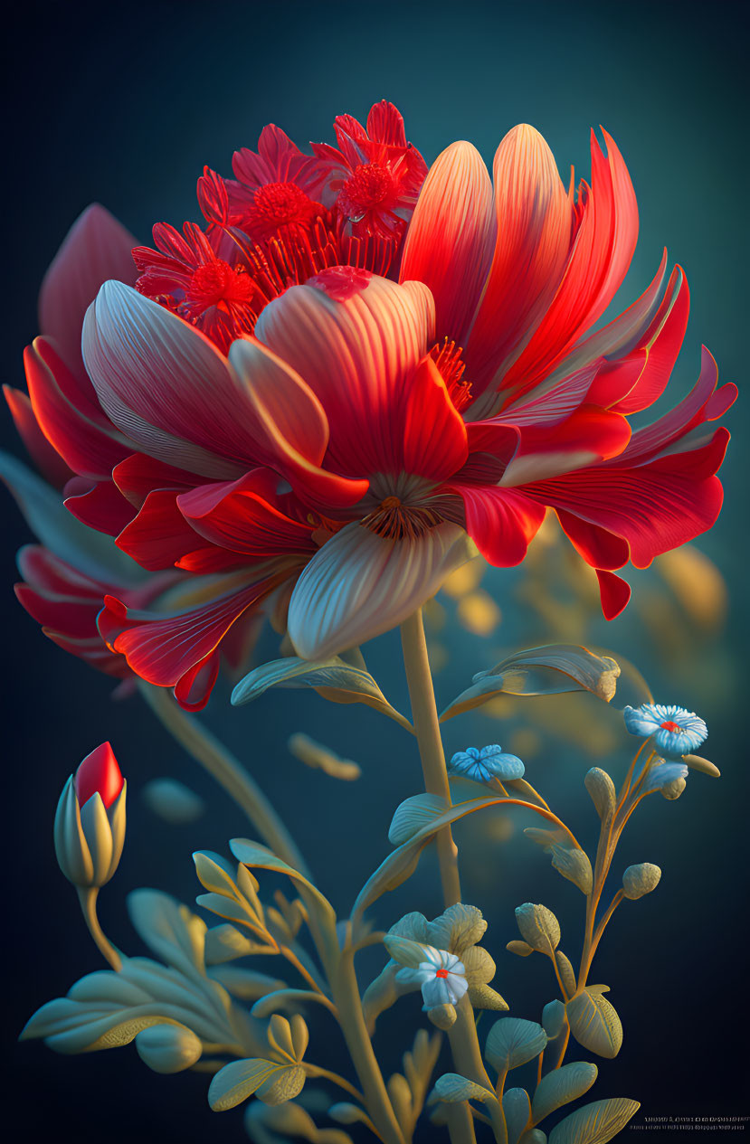 Colorful Illustration of Red Flower with Blue and White Flora on Dark Background