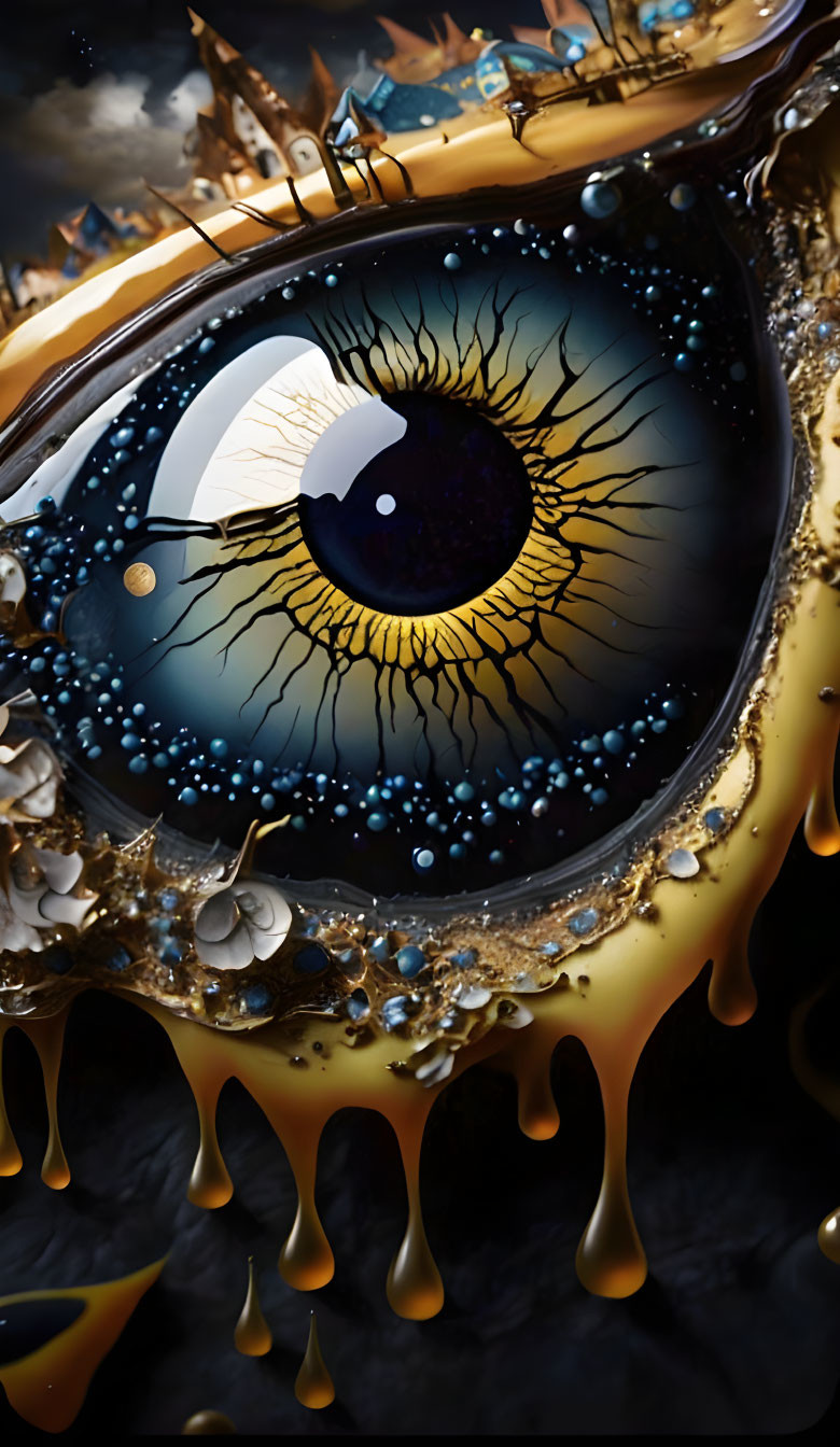 Large glossy eye with golden tear in surreal landscape reflection