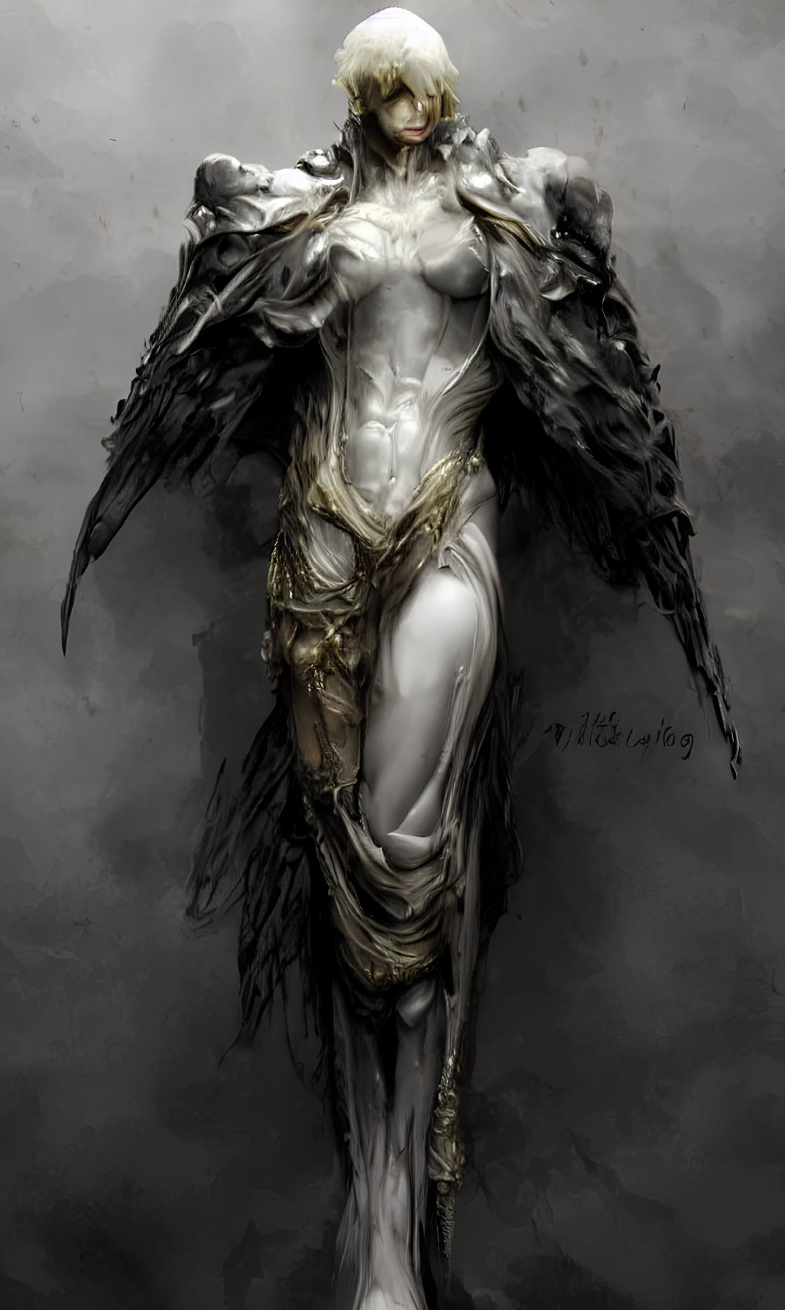 Muscular figure in tattered cloths and golden armor with dark wings.