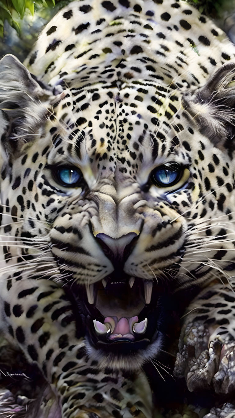 Close-up of snarling jaguar with blue eyes and sharp teeth.