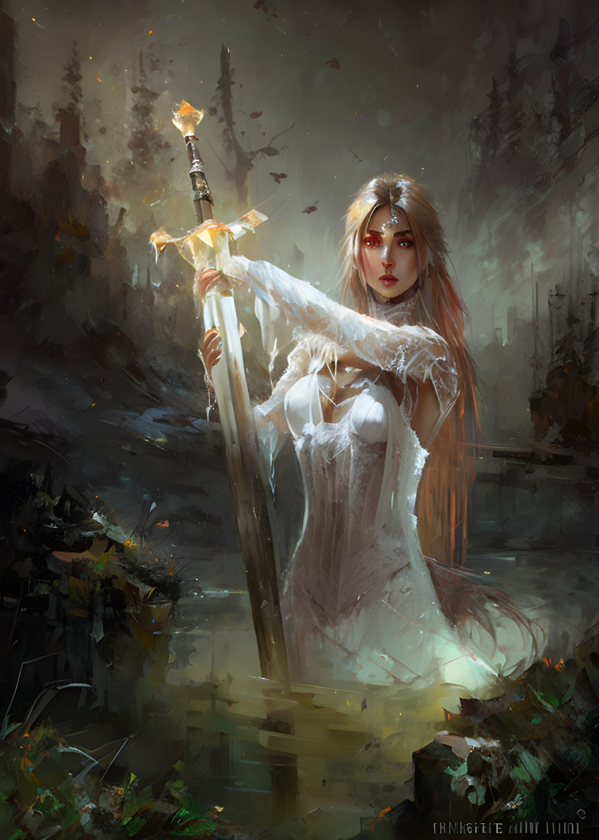 Mystical warrior woman in white dress with spear in dark battlefield