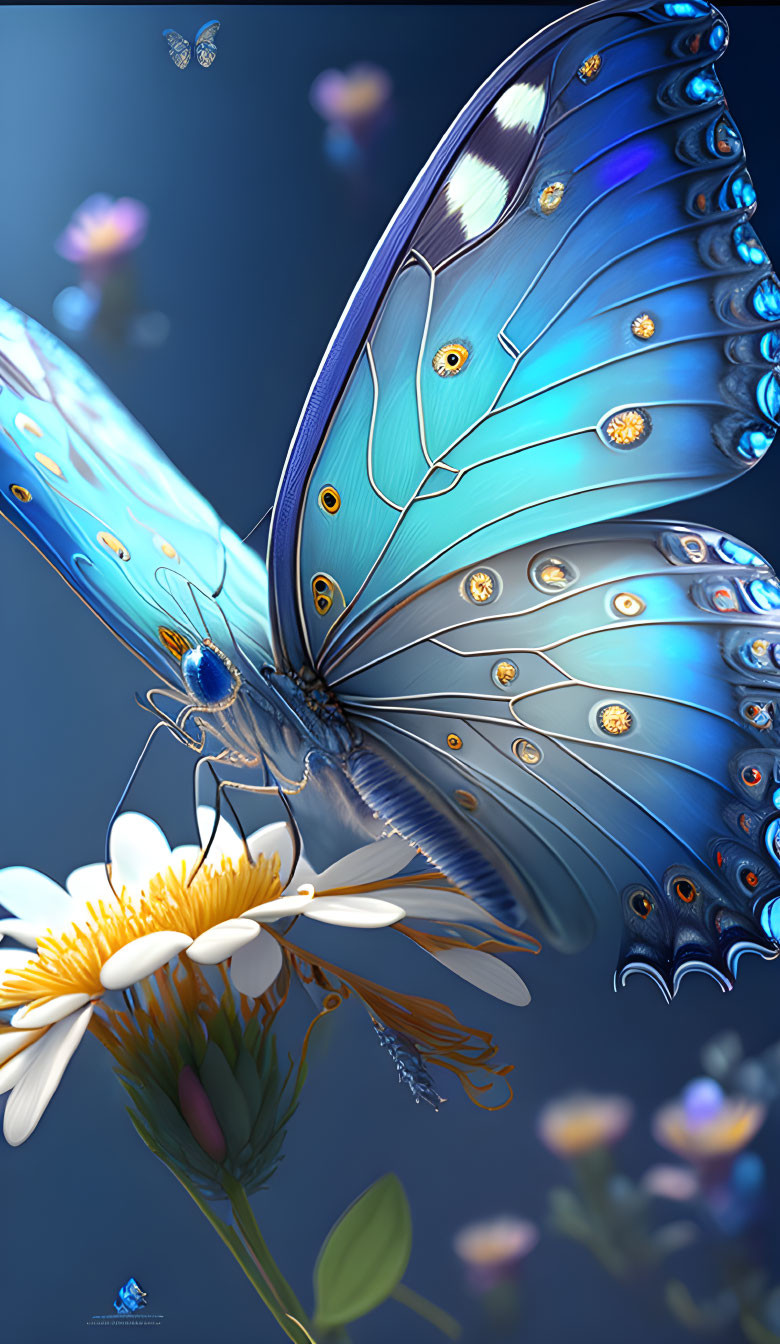 Digital Artwork: Blue Butterfly on White Daisy with Soft-focus Background