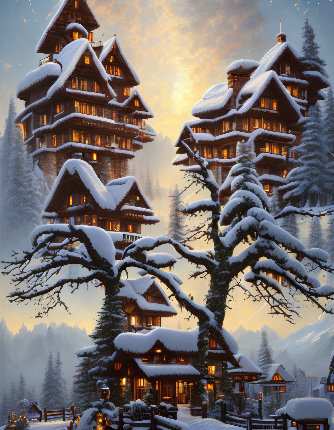 Twilight scene of snow-covered wooden houses and pine trees