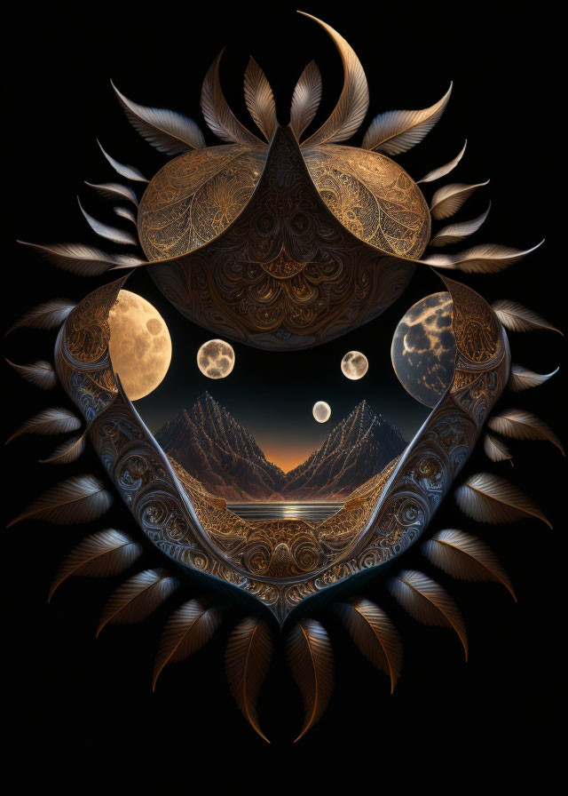 Digital artwork of shield shape with feathers, moon phases, and mountain landscape