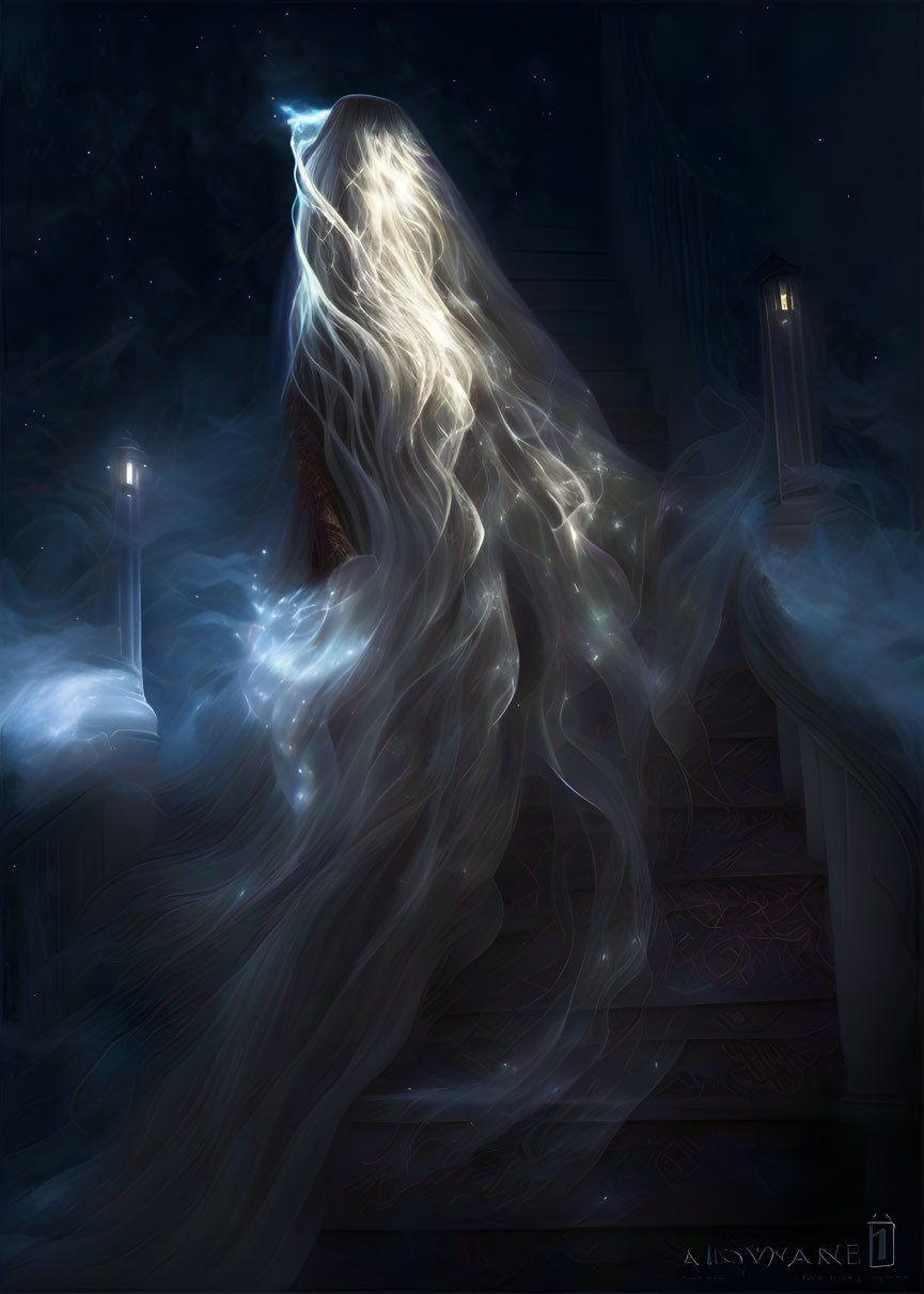 Ethereal figure in flowing gown ascends dark staircase under starlight