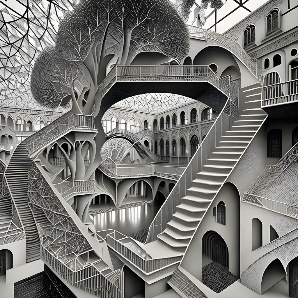 Monochromatic illustration of interconnected staircases, arches, and central tree.