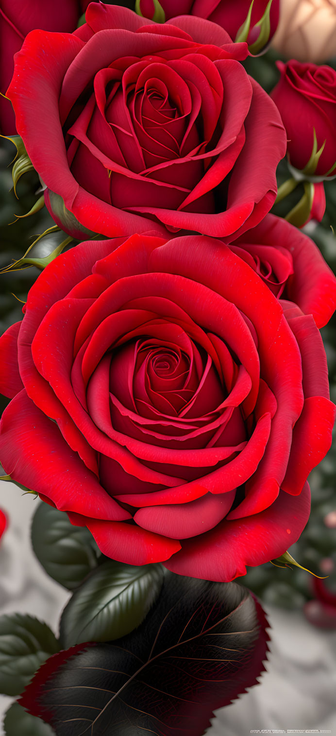 Detailed Red Roses with Lush Green Leaves