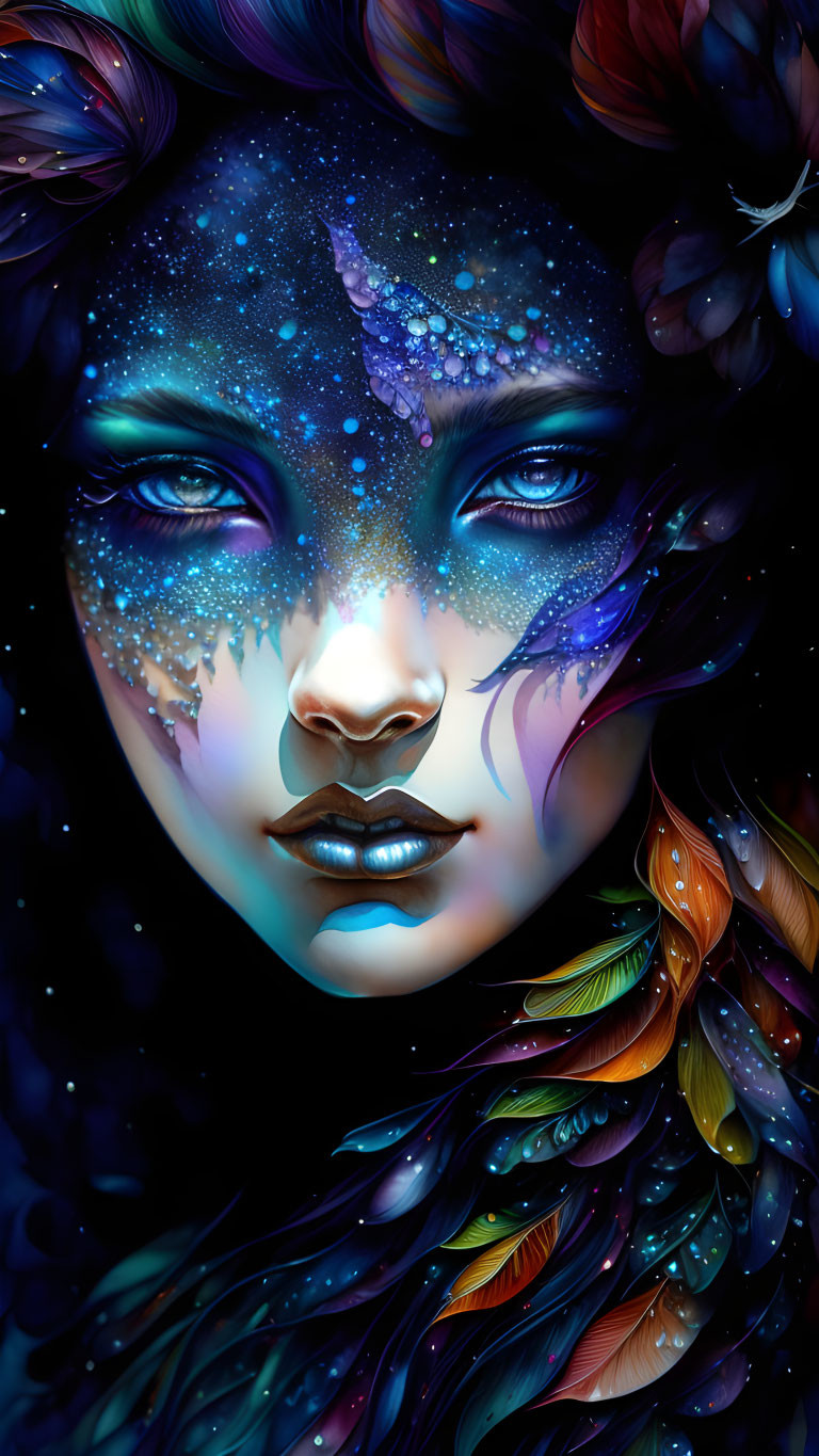 Vibrant cosmic-themed woman portrait with floral and feather details