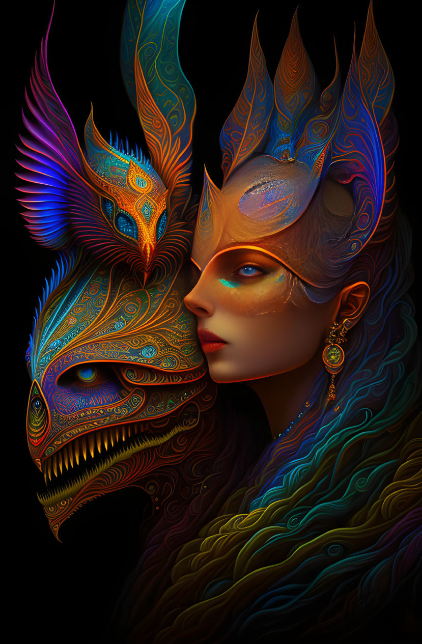 Colorful Woman and Mythical Dragon Artwork with Intricate Patterns