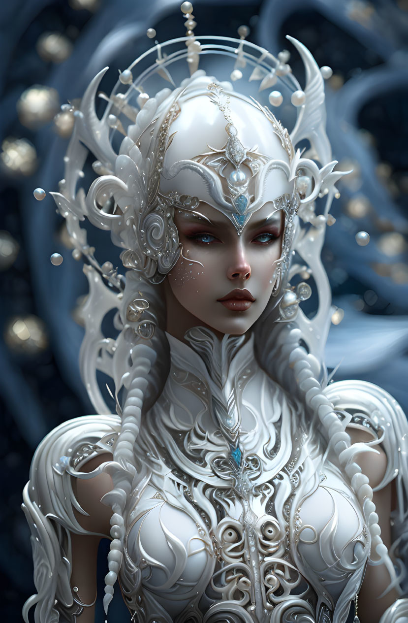 Fantasy portrait of female figure in white and silver armor with elaborate headdress