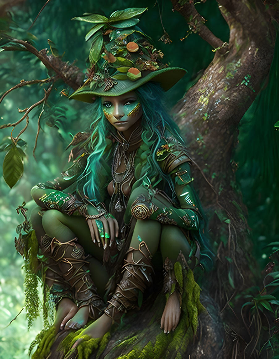 Green-skinned figure with blue hair in nature-themed attire perched on tree branch in lush forest