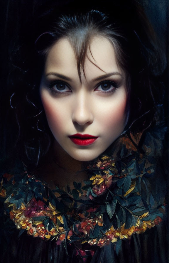 Portrait of Woman with Dark Hair and Red Lips in Floral Garment