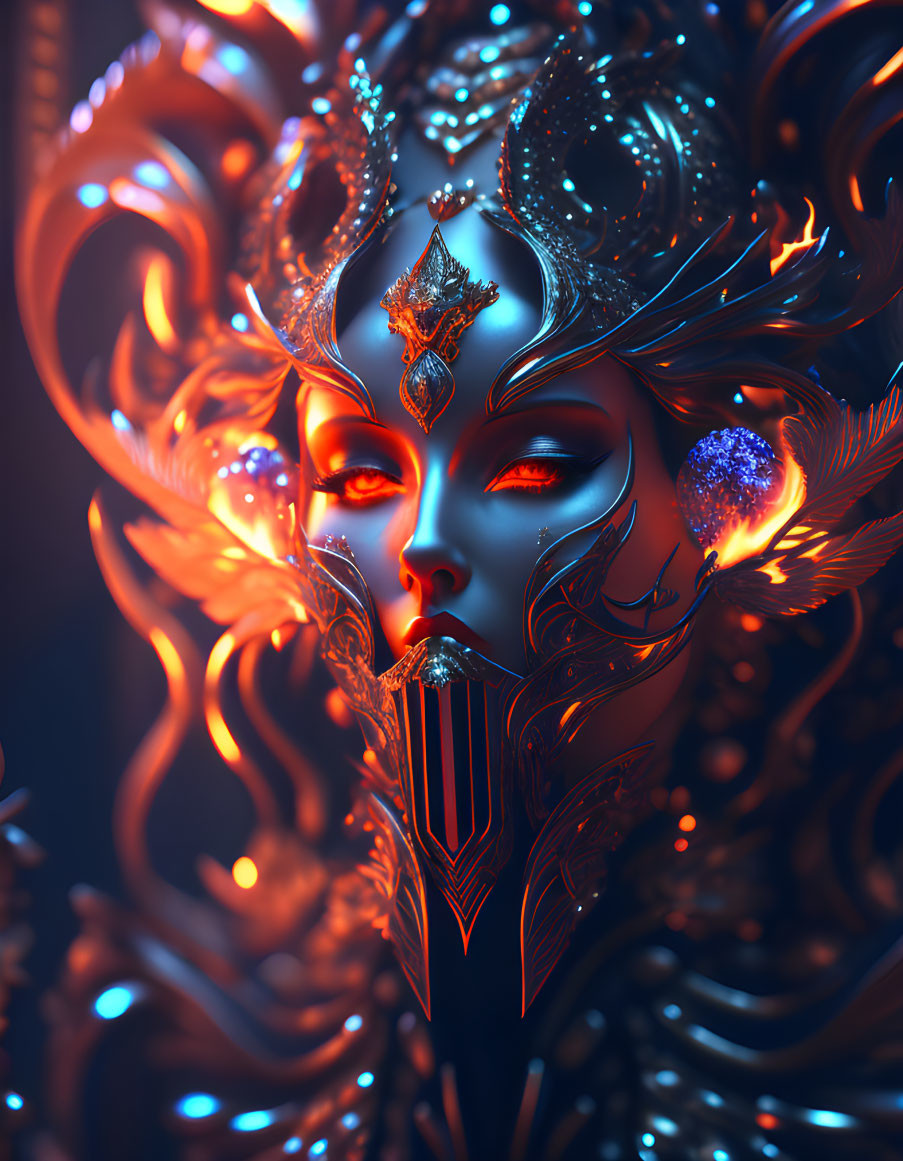 Intricate blue and orange armor with horned headdress and captivating gaze