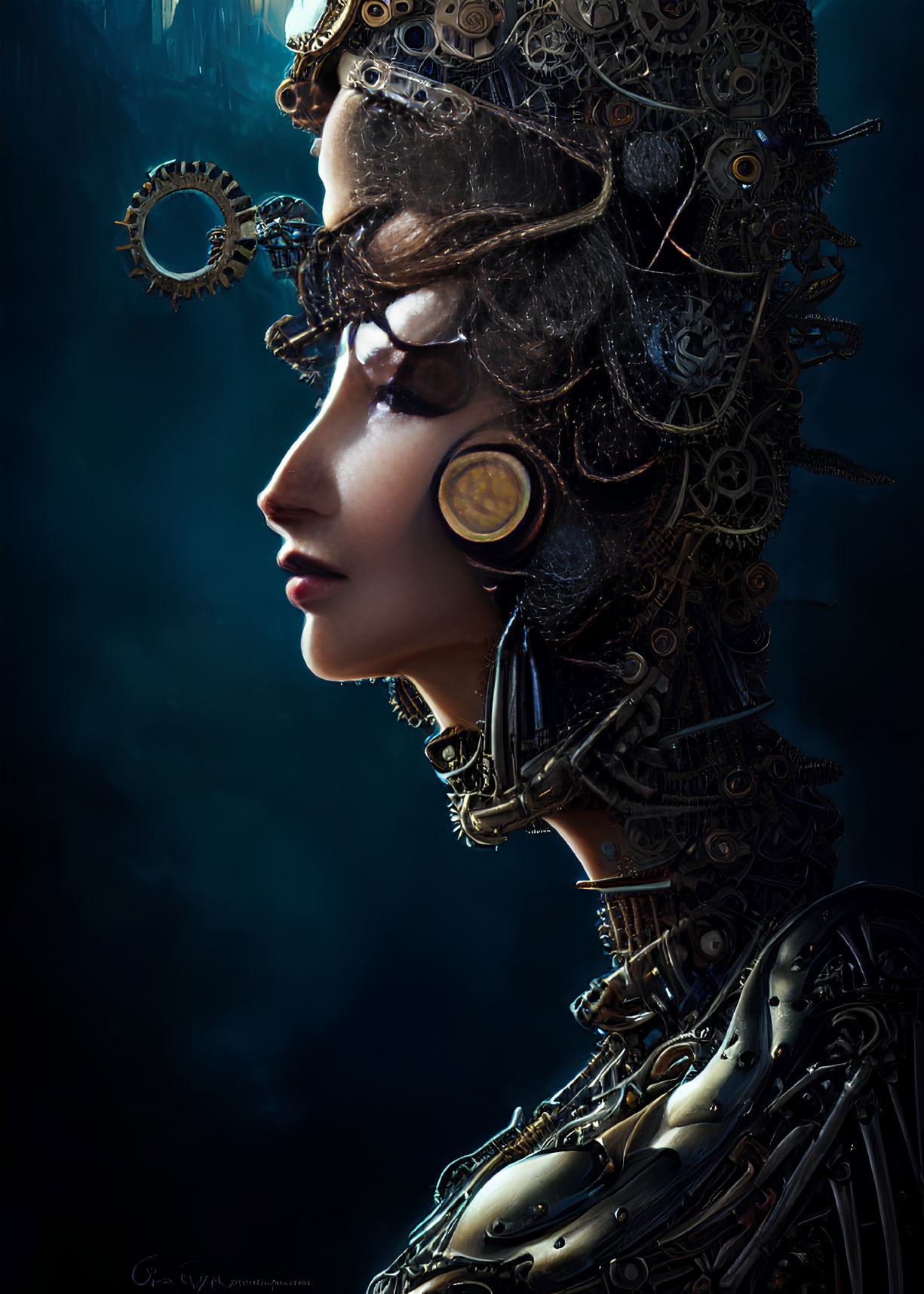 Female Figure with Steampunk-Inspired Mechanical Headpiece Against Dark Background