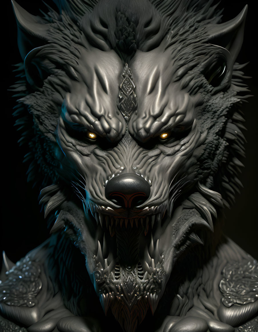 Detailed 3D Illustration of Menacing Wolf with Glowing Eyes