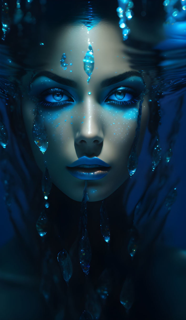 Woman with Blue Makeup and Crystal Teardrops: Aquatic Ethereal Essence