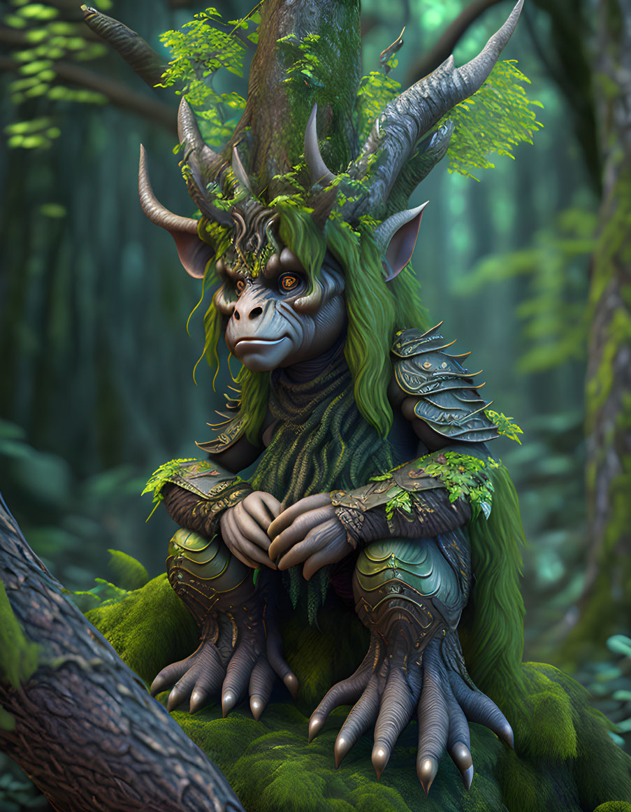 Fantastical creature with horns and green skin in lush forest