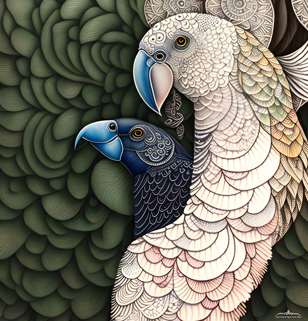 Detailed illustration of two parrots with intricate feather patterns in lush green foliage