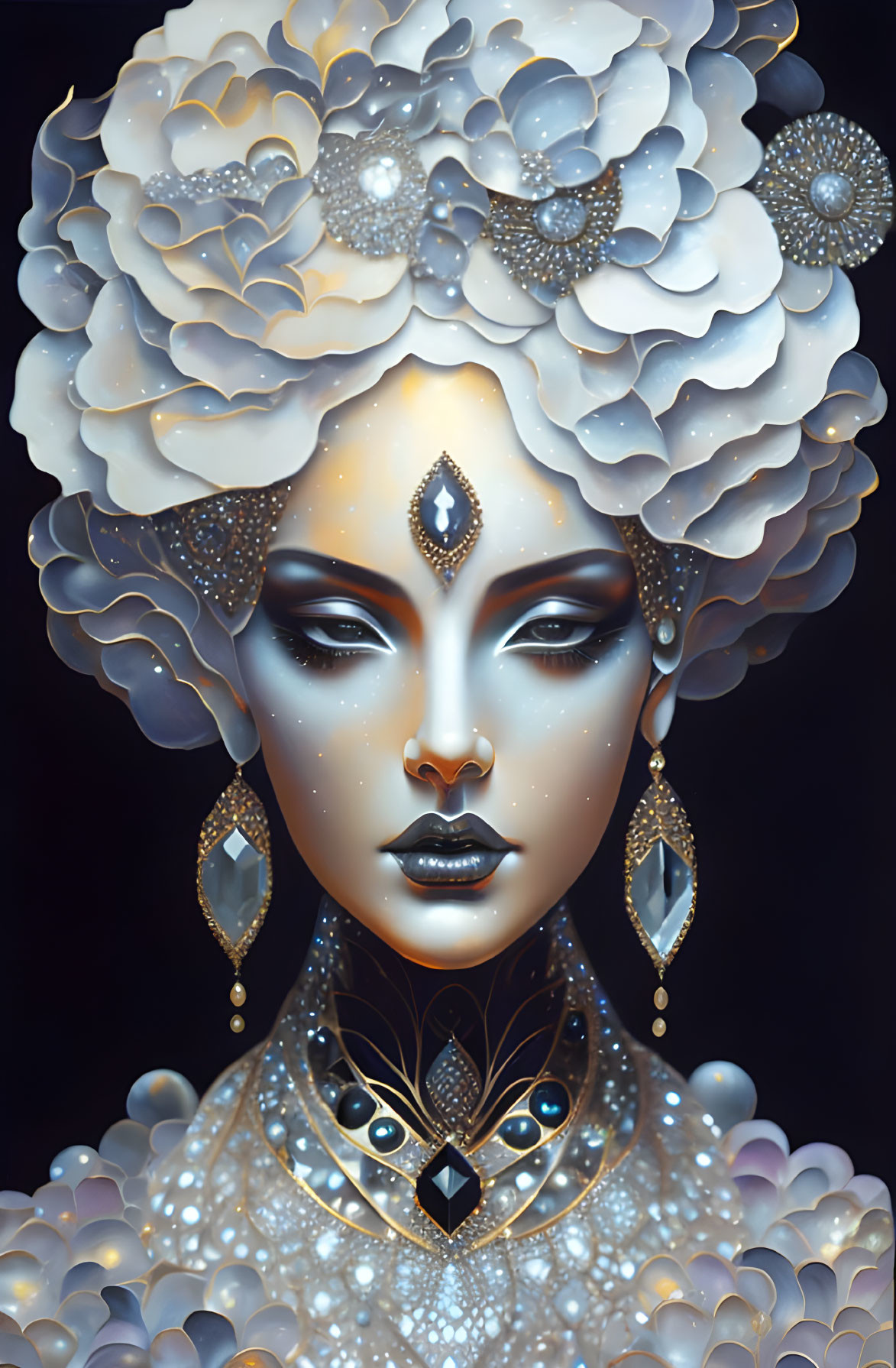 Digital artwork: Woman with floral headgear and jewelry, serene expression, sparkling motifs