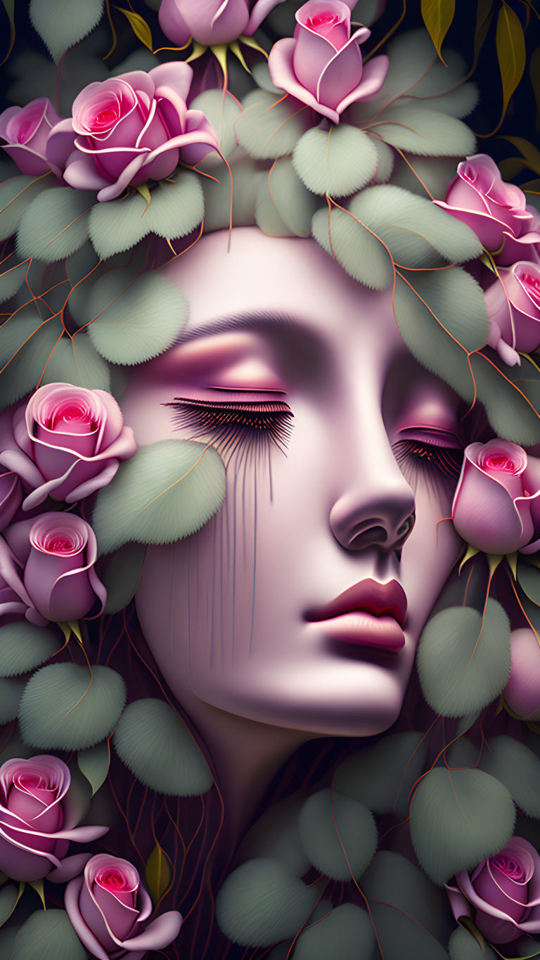 Serene face with long lashes among pink roses and green leaves