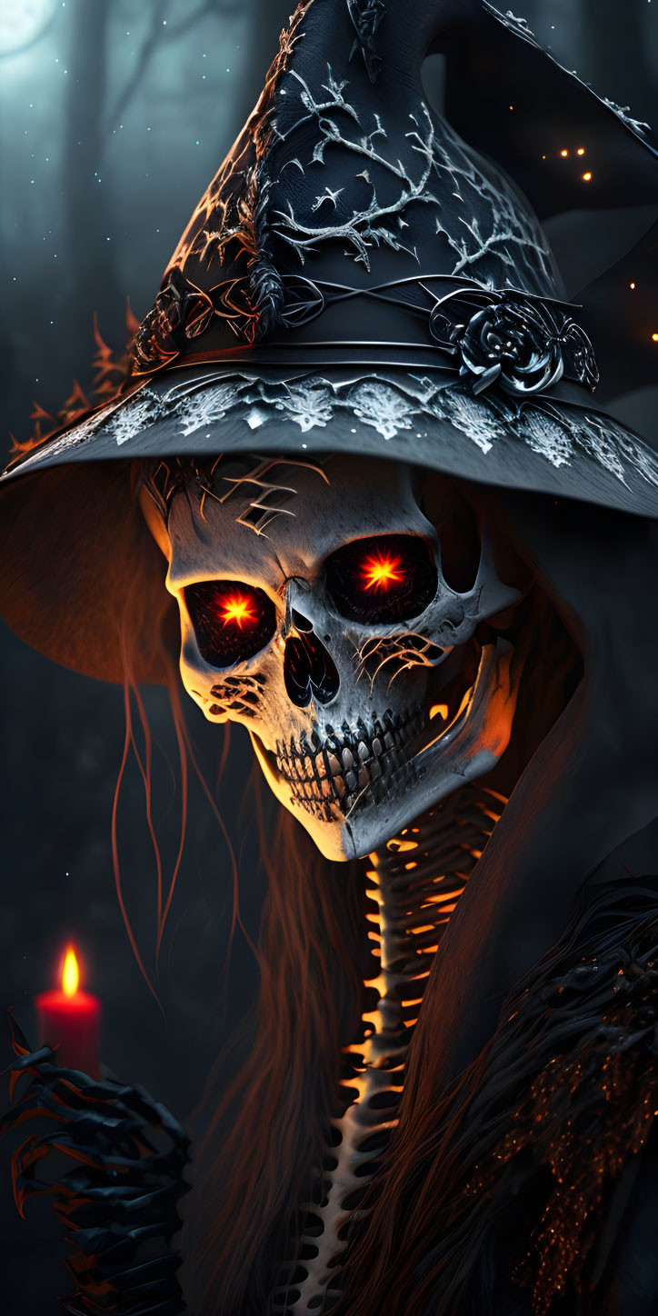 Skeleton in Witch Hat with Cobwebs and Roses, Red Glowing Eyes, Candle, Dark Mystical