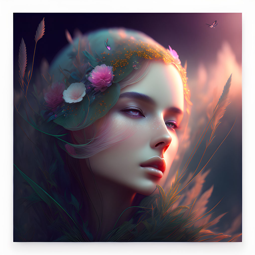 Woman's profile with floral hair, mystical aura, foliage, and distant bird.