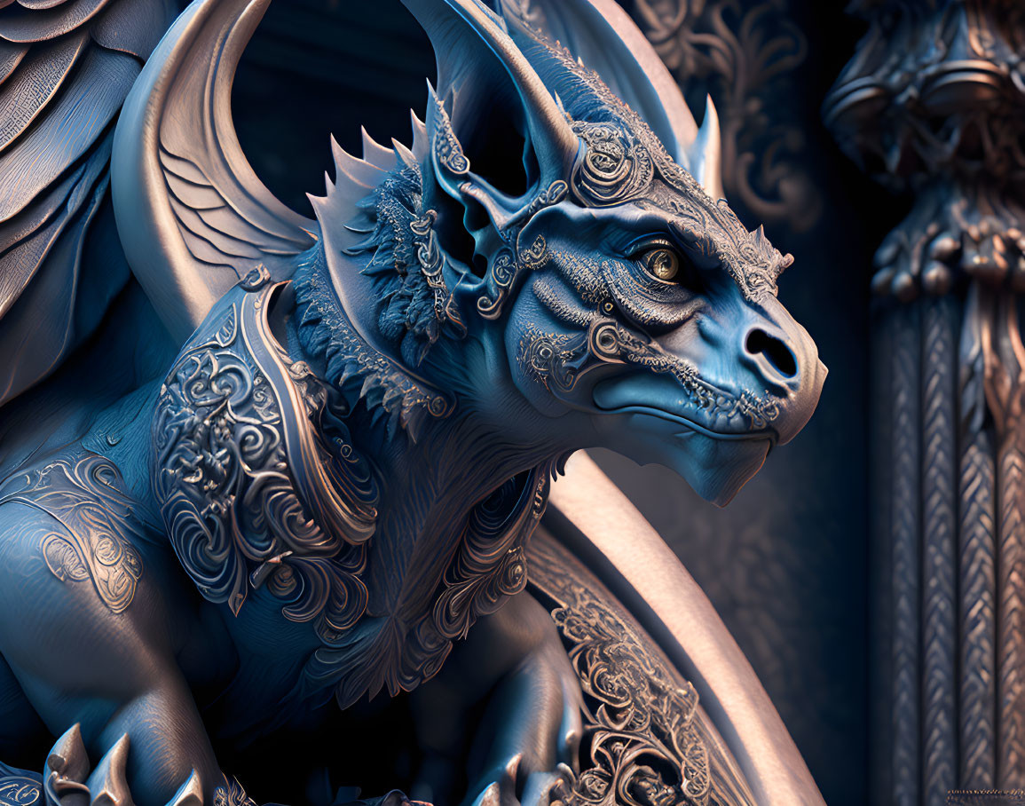 Detailed 3D Stylized Dragon with Metallic Blue Scales and Golden Accents