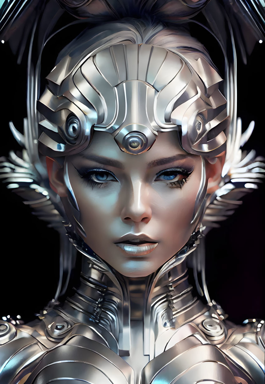 Female character in futuristic armor with ornate helmet and intricate mechanical details