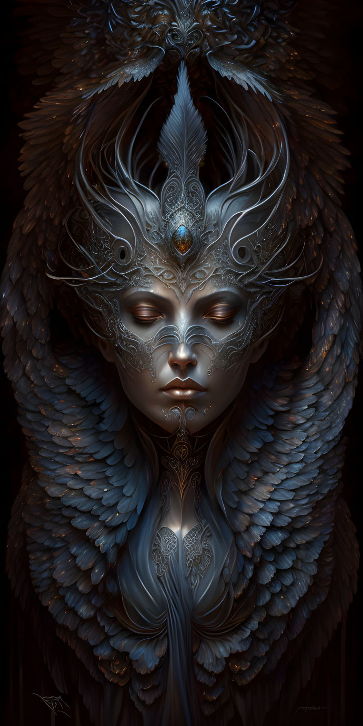 Detailed feathered figure with ornate mask and mystical aura