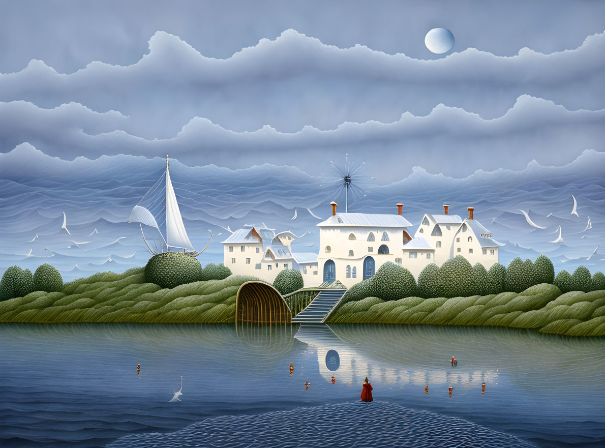 Coastal scene with sailboat, houses, and moonlit sky