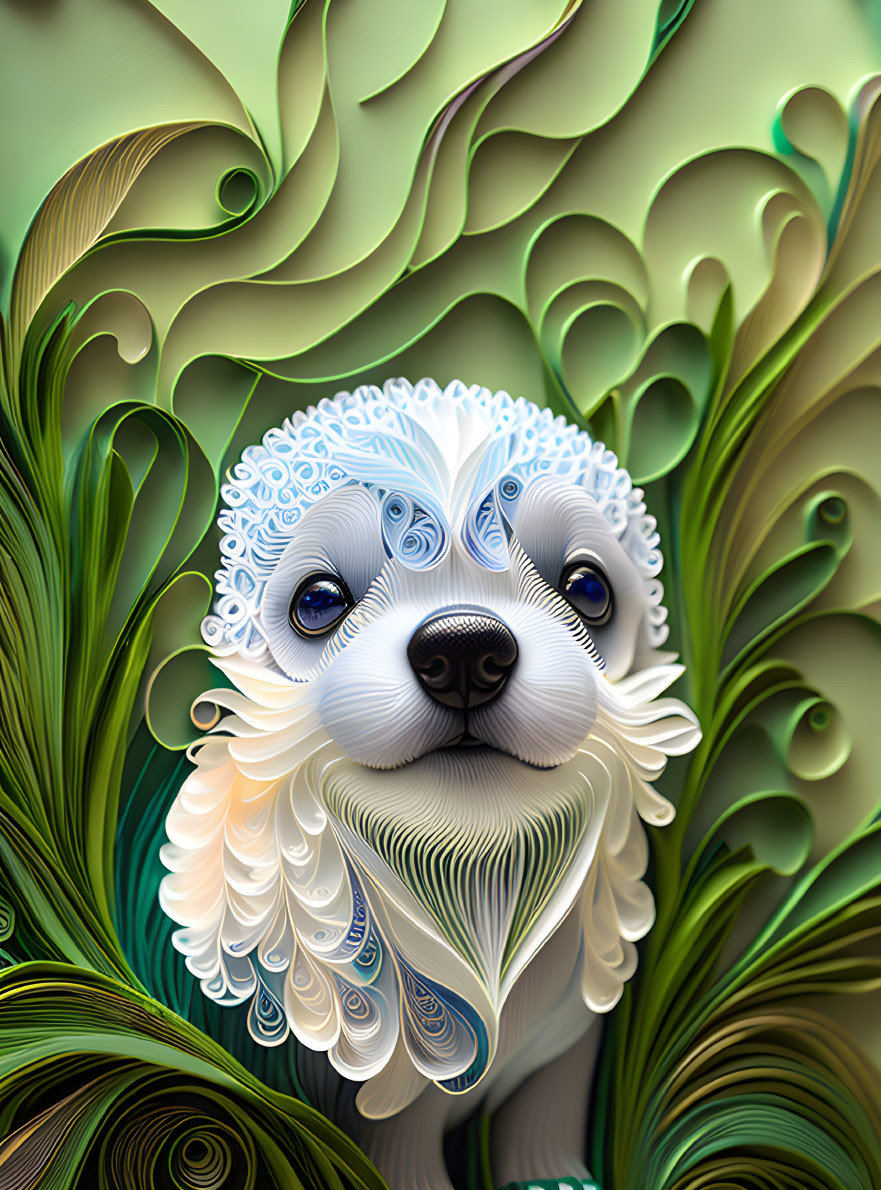 Quilled Seal Artwork with Intricate Fur Patterns in Green Tones