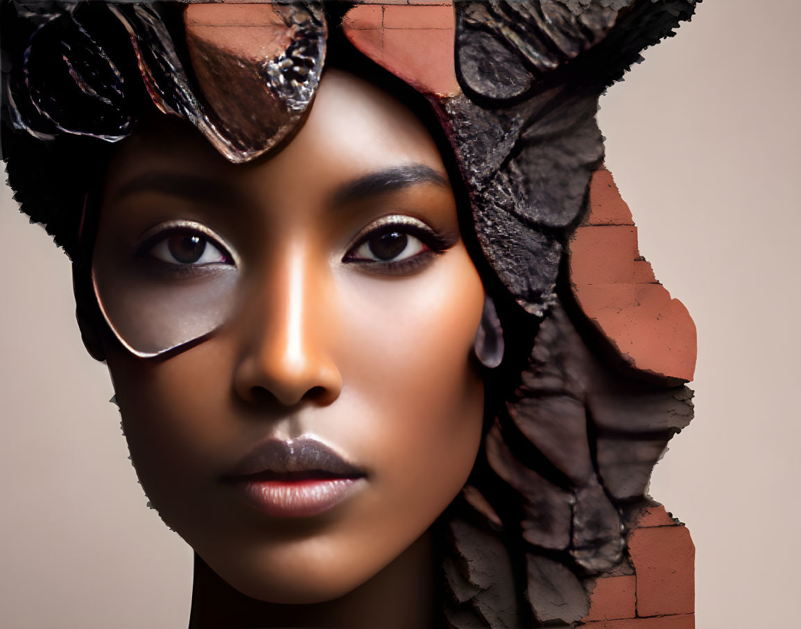 Dark-skinned woman with unique cracked headpiece against brick wall