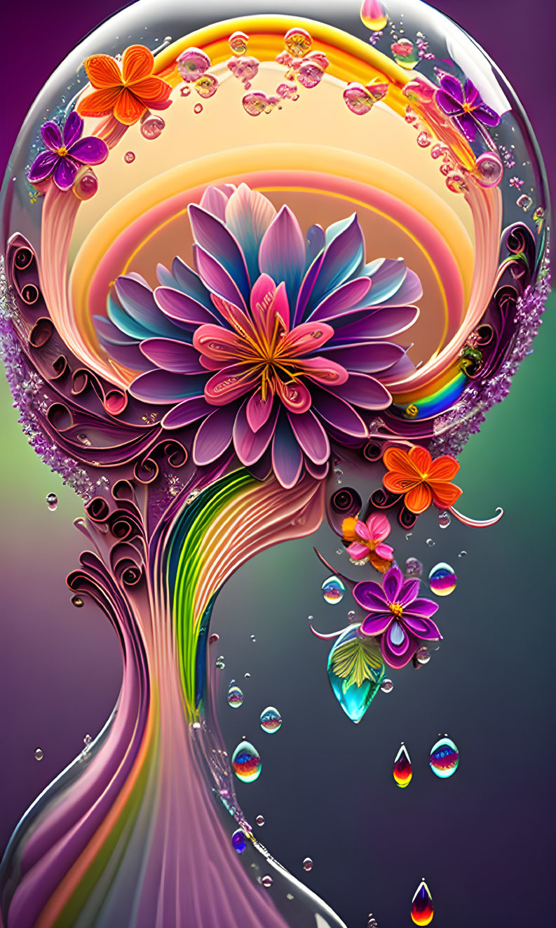 Vibrant abstract art featuring stylized tree with colorful canopy, flower, butterflies, and water dro