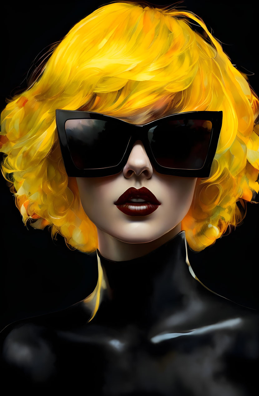 Vibrant yellow hair, black sunglasses, dark lipstick on a black background