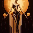 Art Deco style sculpture of elongated female figure in black dress amid geometric shapes and glowing halo.