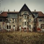 Illustrated old-fashioned house with turrets in lush garden setting under cloudy sky