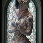 Victorian doll in lace dress by ornate window