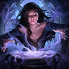 Female sorceress in purple flames casting spell with glowing orb, bats, and candles