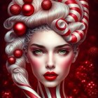 Stylized portrait of woman with white hair and Christmas ornaments on red background