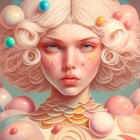 Surreal portrait: Pale figure, blue eyes, ornate curls, floating orbs, intricate patterns