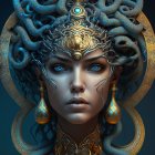 Digital artwork: Woman with Medusa-inspired headpiece, blue serpents hair, golden jewelry,