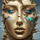 Fragmented statue-like face with intricate cracks against cloudy sky