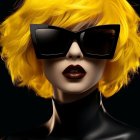 Vibrant yellow hair, black sunglasses, dark lipstick on a black background