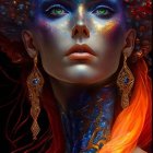 Vivid artwork featuring a woman with blue skin, fiery orange hair, gold headpiece, and intricate