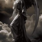 Ethereal angelic figure with wings under full moon on rock in flowing robes