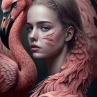 Digital art: Woman with vibrant makeup fused with pink flamingo, showcasing human-bird symmetry.