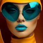 Vibrant teal lips, swirling sunglasses, orange hair on yellow backdrop