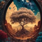 Majestic blooming tree in vibrant fantasy landscape