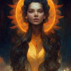 Mystical female figure with halo and flowers in warm ambiance