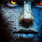 Stylized face with illuminated blue cubes and colorful eyes